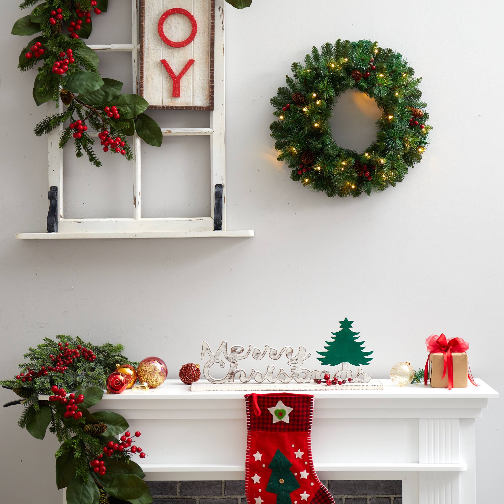 20" White LED Lights Frosted Pine Artificial Christmas Wreath With Pinecones & Berries